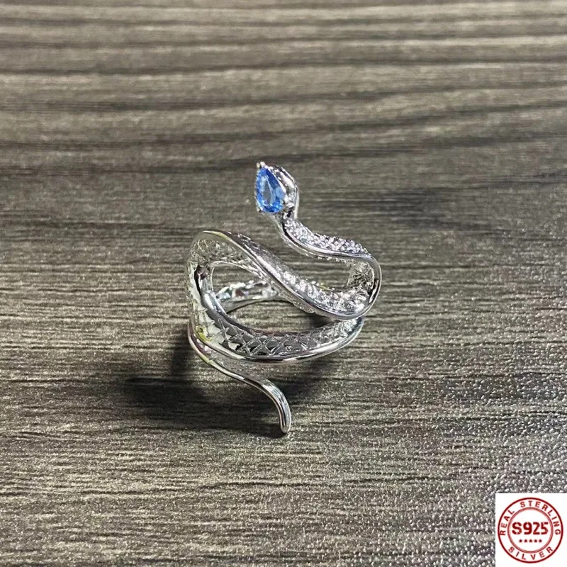 925 Sterling Silver Shiny Zircon Snake Personalized Fashion Resizable Opening Ring For Women Luxury Jewelry