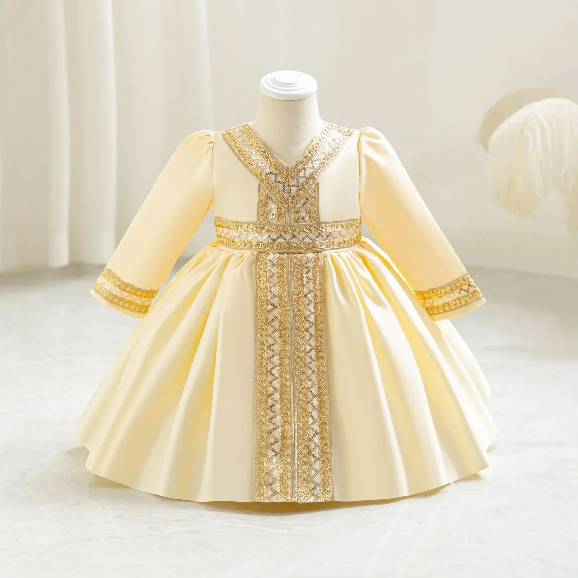 Embroidery Golden Dress For Girls Prayer Costume Long Sleeve Children's Formal Kids Festive Outfits 1-7 Years