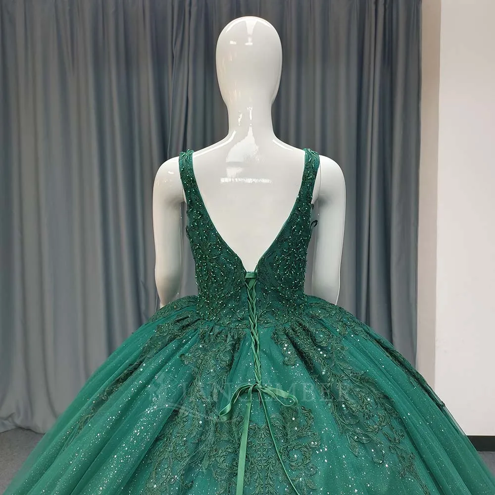 Gorgeous Green V-neck Sparkly Organza Ball Gown Sequin Prom Dress For Women Exquisite Princess Formal Evening vestido quinceañer