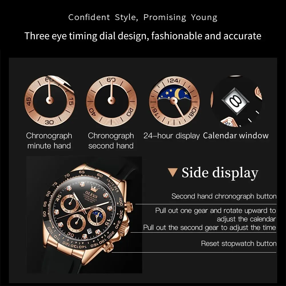 OLEVS 2875 Luxury Quartz Men Watch Silicone Strap Waterproof 24hour Moon Phase Chronograph Fashion Classic Sports Man Wristwatch