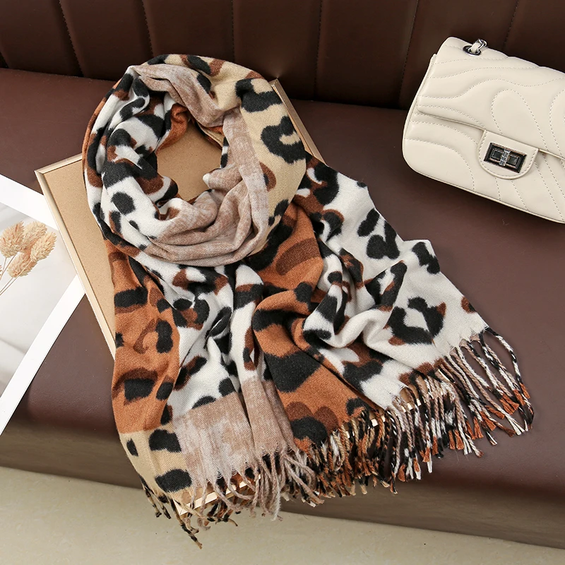 Newest Women Imitation Cashmere Tassels Long Scarf Leopard Print Color Blocks Splicing Together Shawl Winter Warm Neckerchief