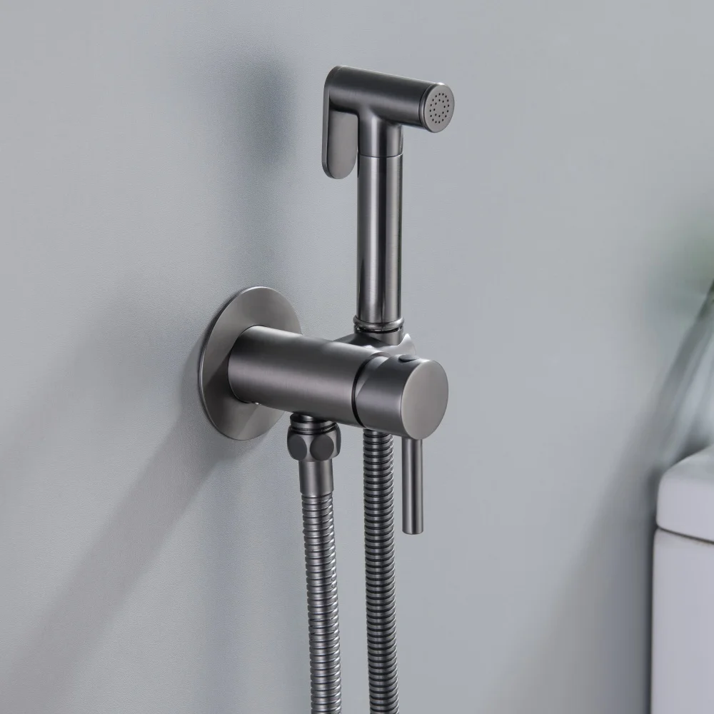 GOGI Solid Brass Handheld Bidet Sprayer in Brushed Gunmetal Grey Concealed Wall Mount Hot Cold Ceramic Valve Core for Bathroom
