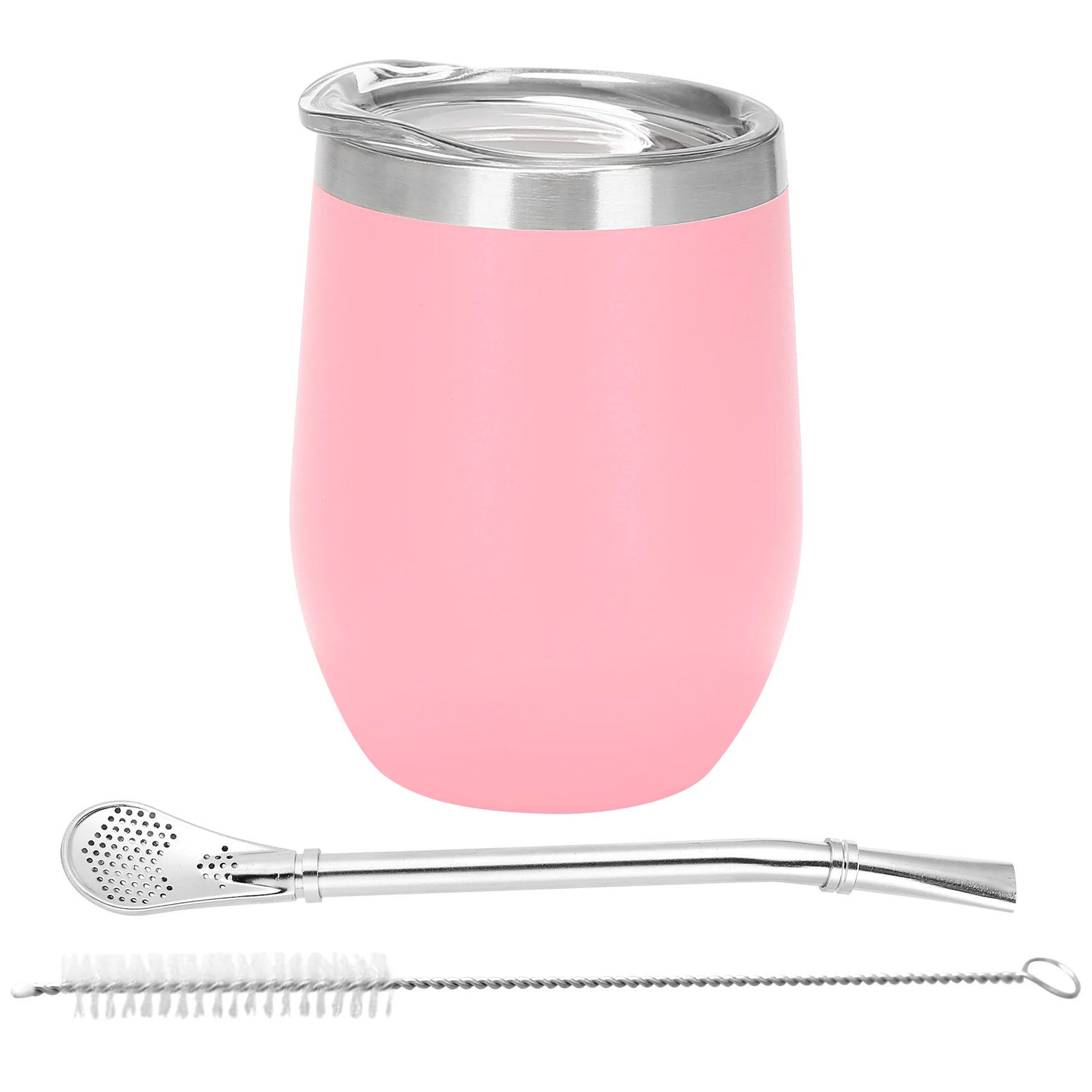 Double-Wall Stainless Yerba Gourd Mate Tea Set Water Mate Tea Cup with Lid Spoon Straw Bombilla Head Filter Brush,Pink