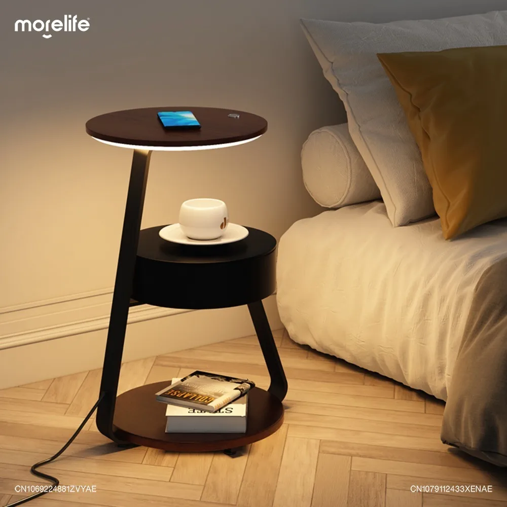 

Light Luxury Wireless Charging Nightstands Living Room Shelf Lamp Design Sofa Side Bedside Table Black Bedroom Furniture K01