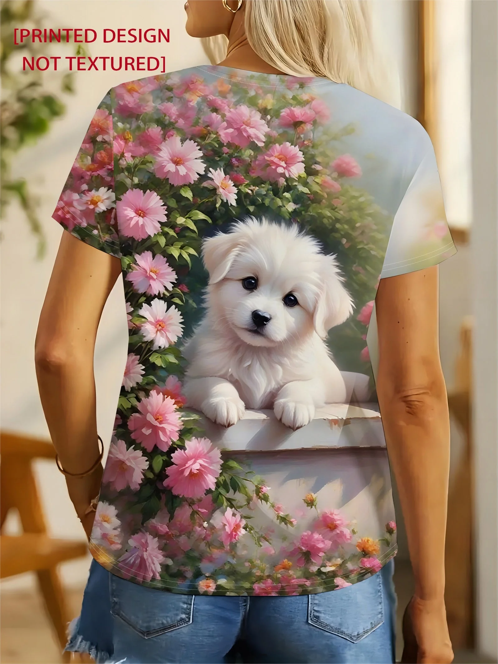 Women Cute White Puppy Pink Floral Print T‑Shirt,O‑Neck Short Sleeve Lovely Animal Flower Casual Summer Blouse Tops