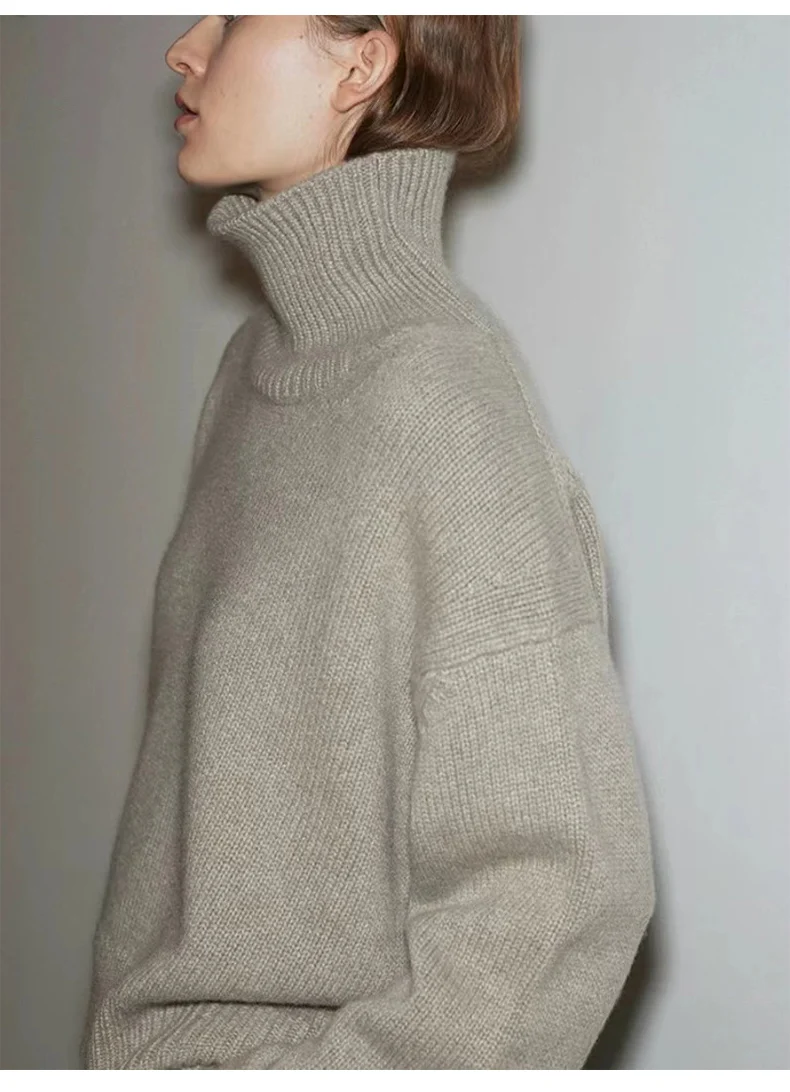 Maillard 100% pure wool sweater for women, loose and thick, lazy style base, knitted silhouette, high neck sweater