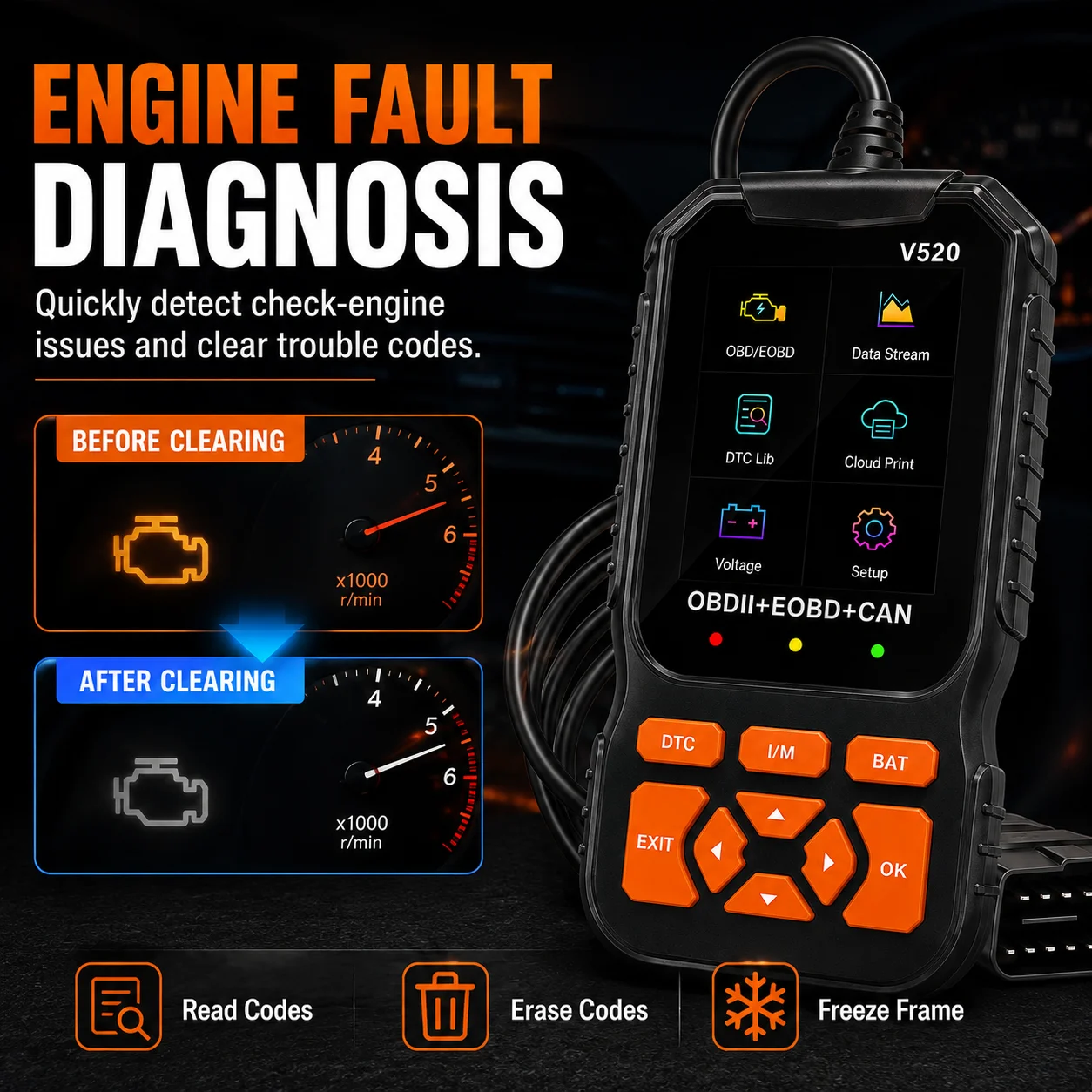 V520 Professional OBD2 Diagnostic Scanner Engine Fault Code Reader DTC Clear Tool Real-Time Data Stream 8 Languages