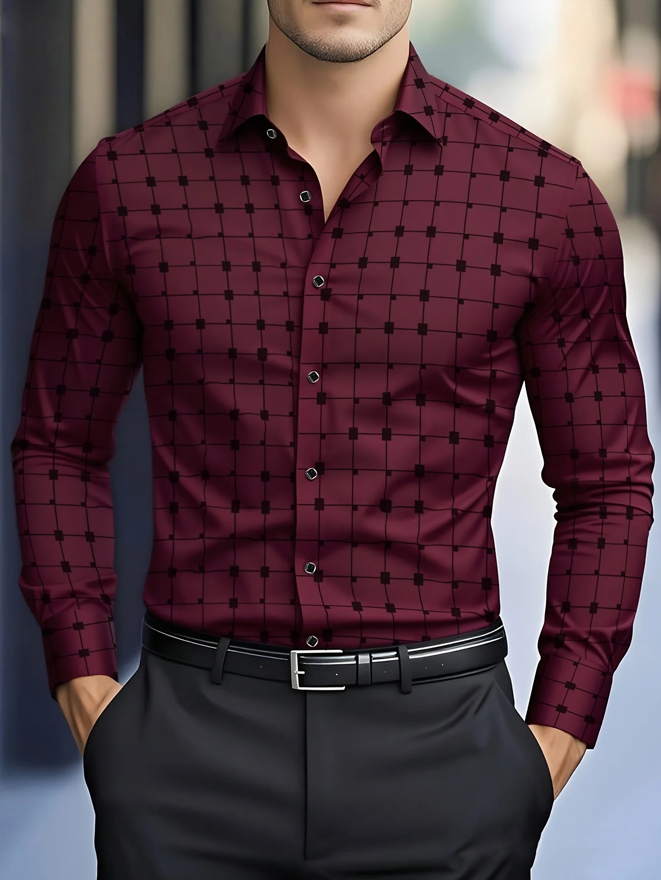 Men Long Sleeve Button Down Shirt Burgundy Black Mini Check Print Polyester Lapel Collar Business Casual