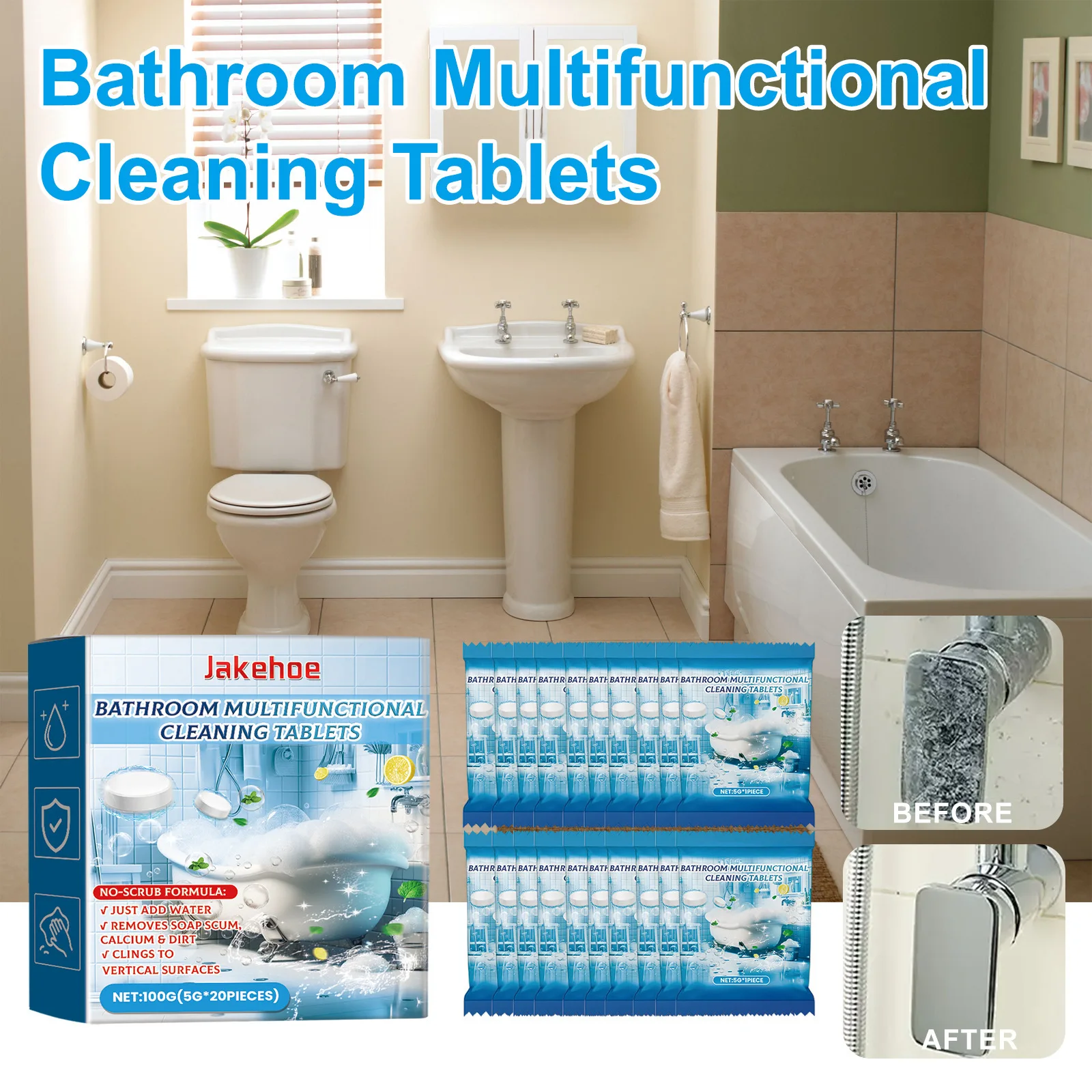 

Bathroom Cleaning Tablets - 100g, De-Scaling & Deodorizing, Fresh Scent, for Shower Heads Glass Tubs, Home Safe Cleaning