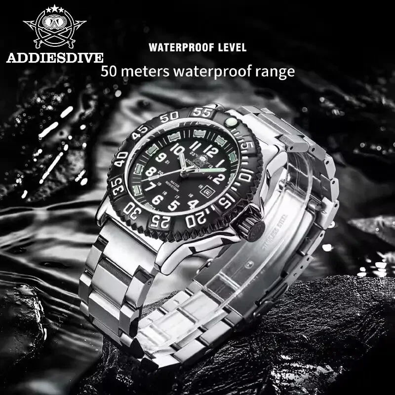 

ADDIESDIVE Men's Tubular Luminous Quartz Watches Stainless Steel Black Dial Alloy Case Watches 50m Waterproof Dive Wristwatches