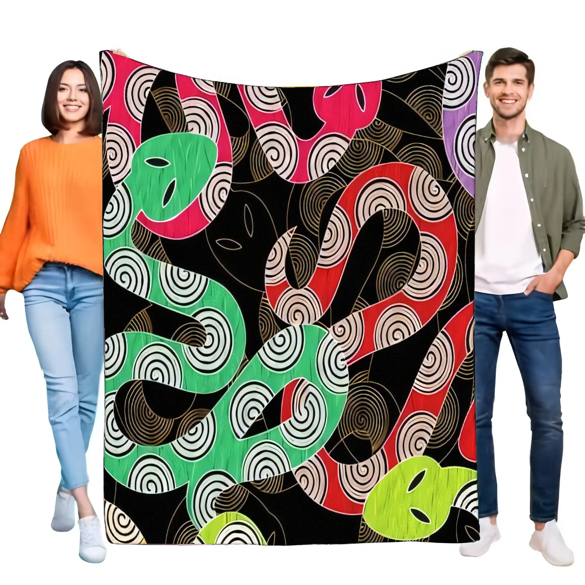Psychedelic Abstract Swirl Flannel Blanket, Vibrant Green Red Black, Super Soft Cozy Warm Bed Sofa Throw, Modern Home Living Roo