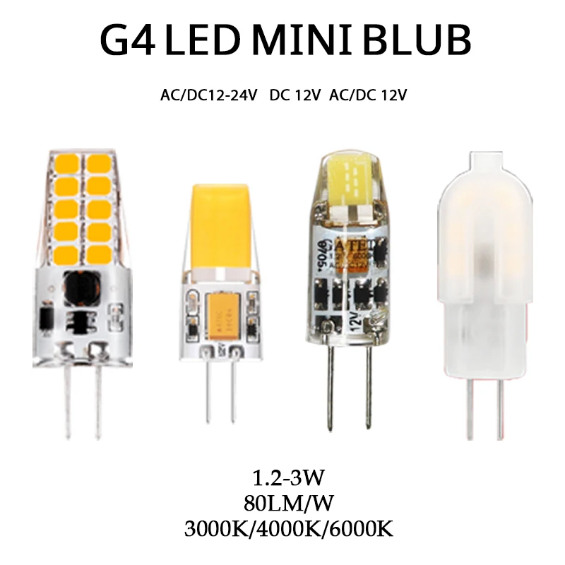 5PCS/LOT 12V LED Mini Bulb G4 Crystal Lamp Chandelier 1W 2W 3W No Strobe Warm White Light Can Replace 20W Halogen Lamp