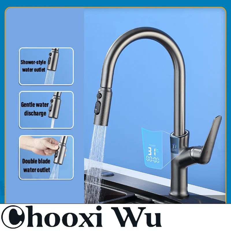 

CHOOXIWU-Kitchen pull-out digital display faucet, dual hot and cold controls, hydroelectric power