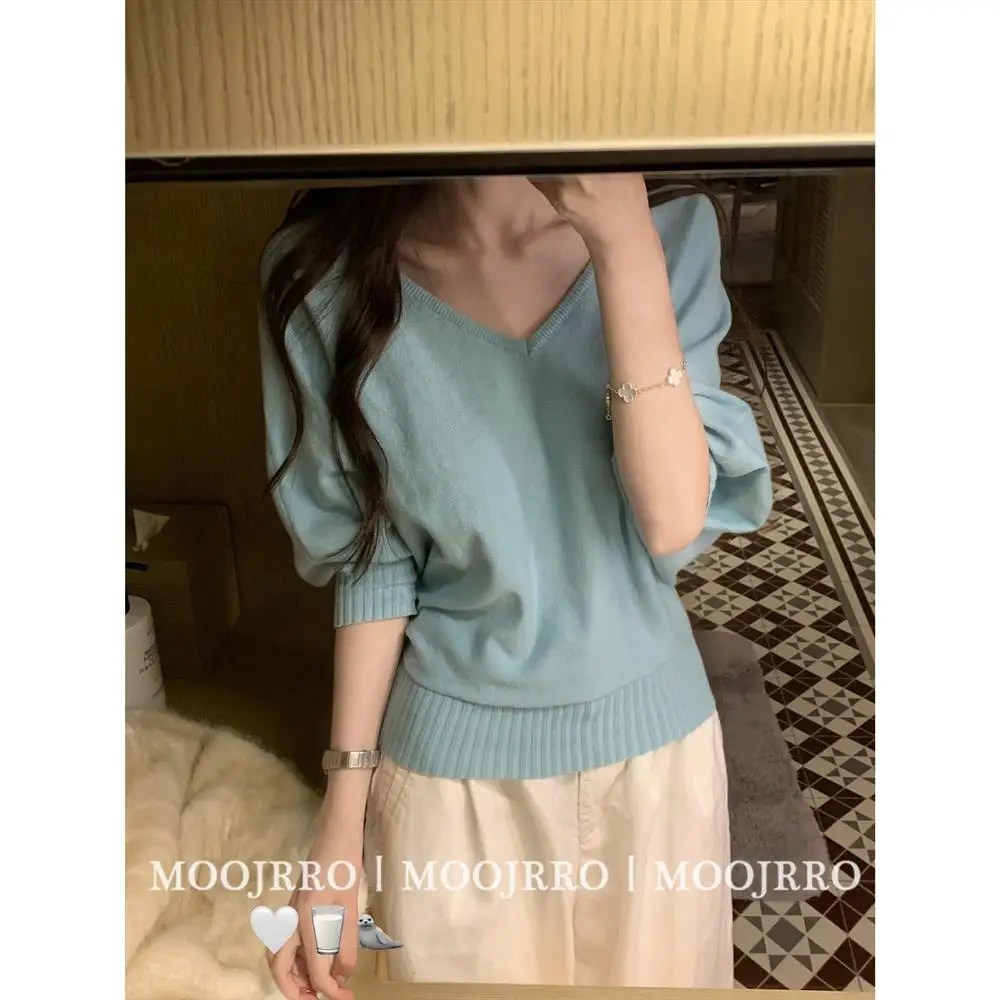 Loose Long Sleeve V-Neck Knitted Sweater Women's Spring Outerwear Casual Style Green Color Block Slimming Effect Top