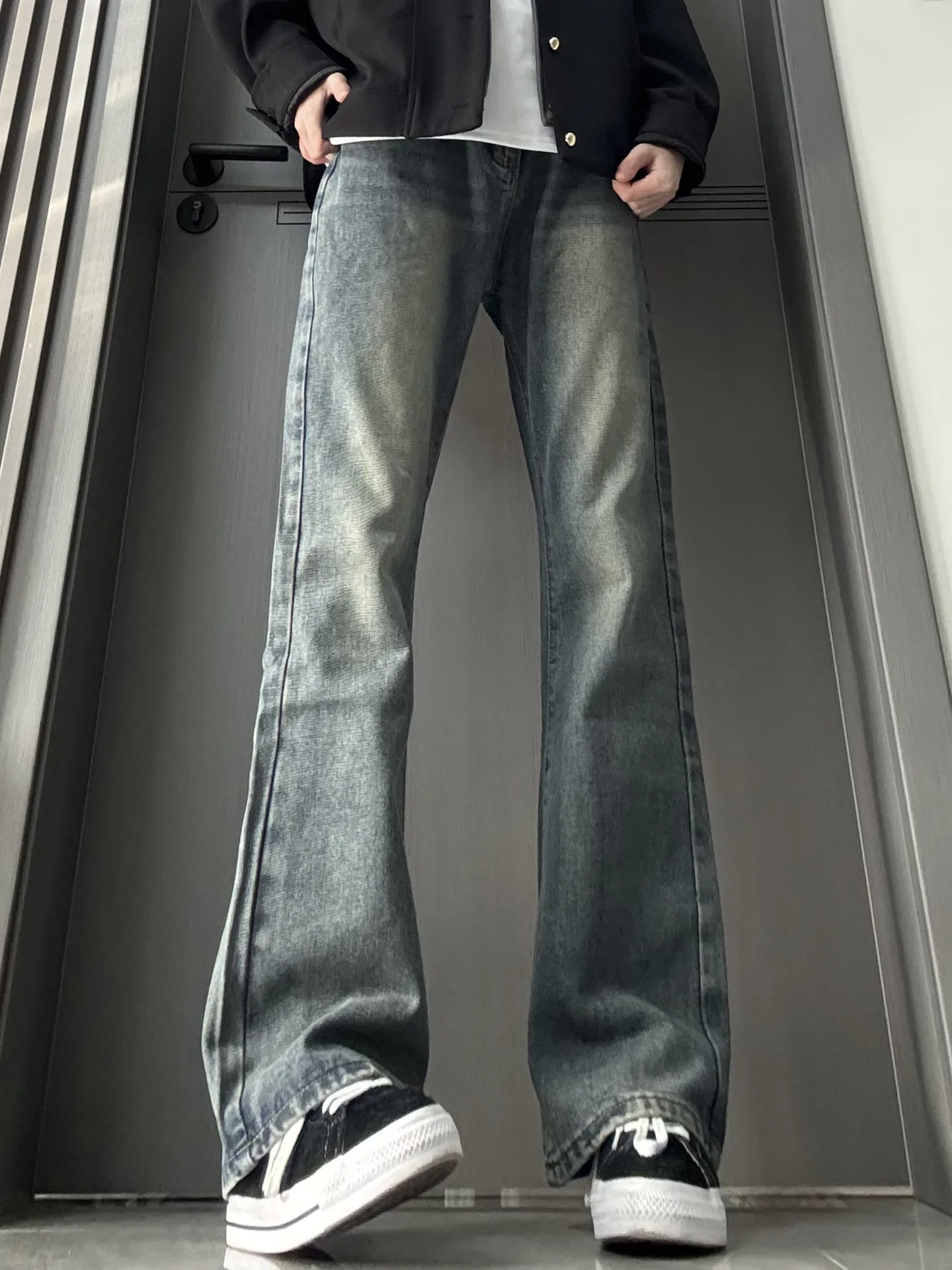 

Retro Blue Fce Lined Straight Leg Men's Jeans Low Waist Zipper Closure Geometric Pattern Casual Wear Spring Autumn