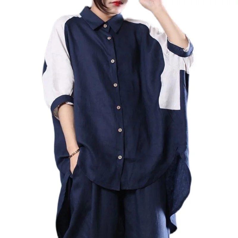 طقم رياضي جديد من قطعتين للربيع والصيف، فضفاض من القطن والكتان، بأسلوب كوري عصري وألوان فنية متباينة، مجموعة أزياء نسائية