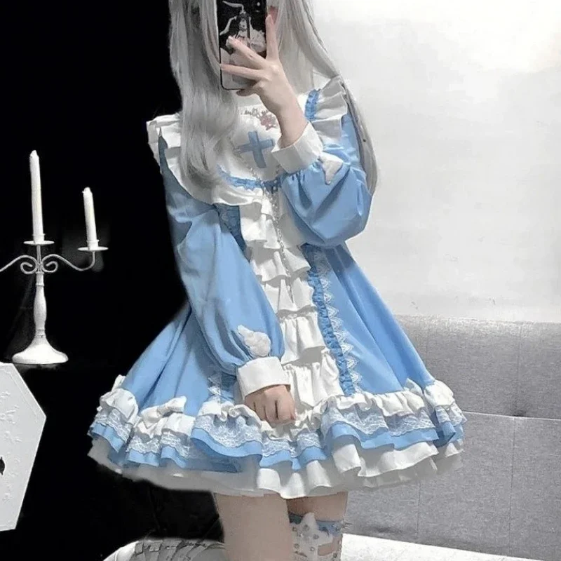 Japanese Gothic Lolita OP Dress Women Kwaii Bow Ruffles Blue White Patchwork Princess Dresses Girl Harajuku Tea Party Mini Dress