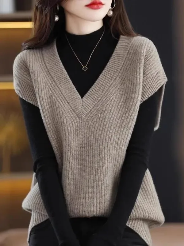 Loose Knitted Vest Women's Sleeveless V-Neck Batwing Shirt Spring New Style Pure Color Casual Fashion Commute Style Top
