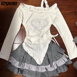 Kawaii Two Pieces Set Women Irregular Bandage Sweet Ruffle T-shirt + Y2k Aesthetic Patchwork Mini Cake Skirts Harajuku Outfits