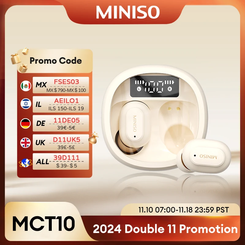 Choice MINISO MCT10 TWS Wireless Bluetooth V5.3 Earphones LED Digital Display Headphones Waterproof Sport Music Game Earbuds New