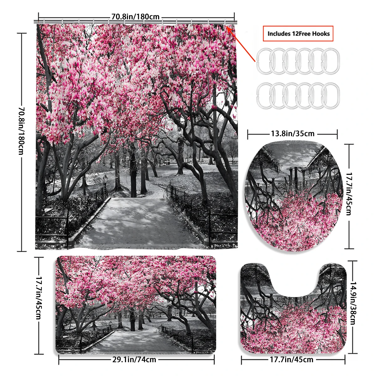 1/4 piece cherry blossom simple pattern waterproof shower curtain or waterproof anti-slip shower curtain set, free 12 hooks