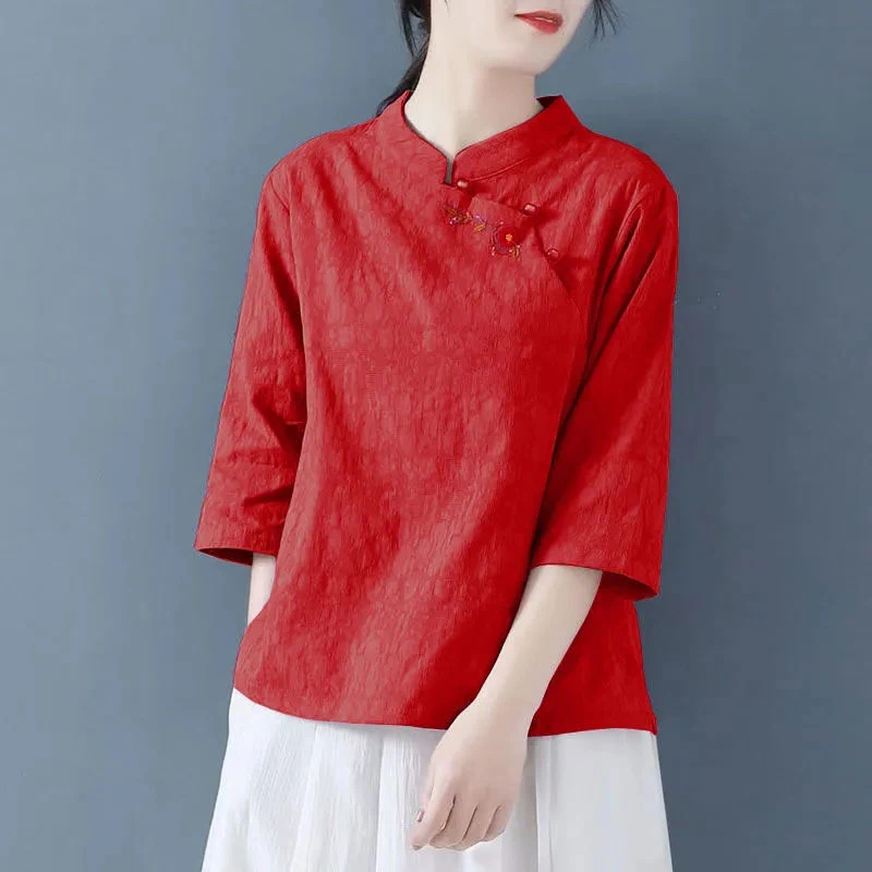Retro chinês algodão linho bordado irt verão plus size feminino casual gola superior assimétrico Sve cinco quartos...