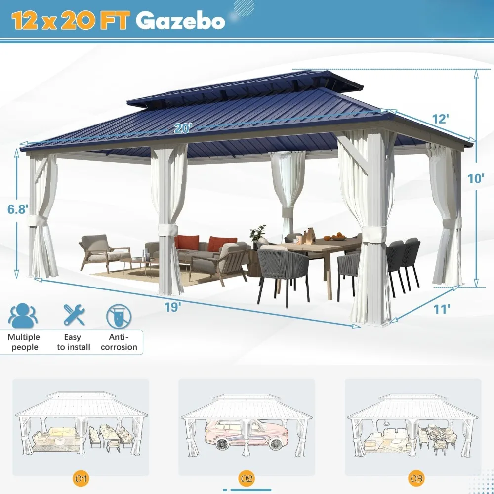 12'x20' Gazebo Hardtop, Galvanized Steel Double Roof Metal Gazebo with Aluminum Frame, Permanent Outdoor Pavilion for Patio Lawn