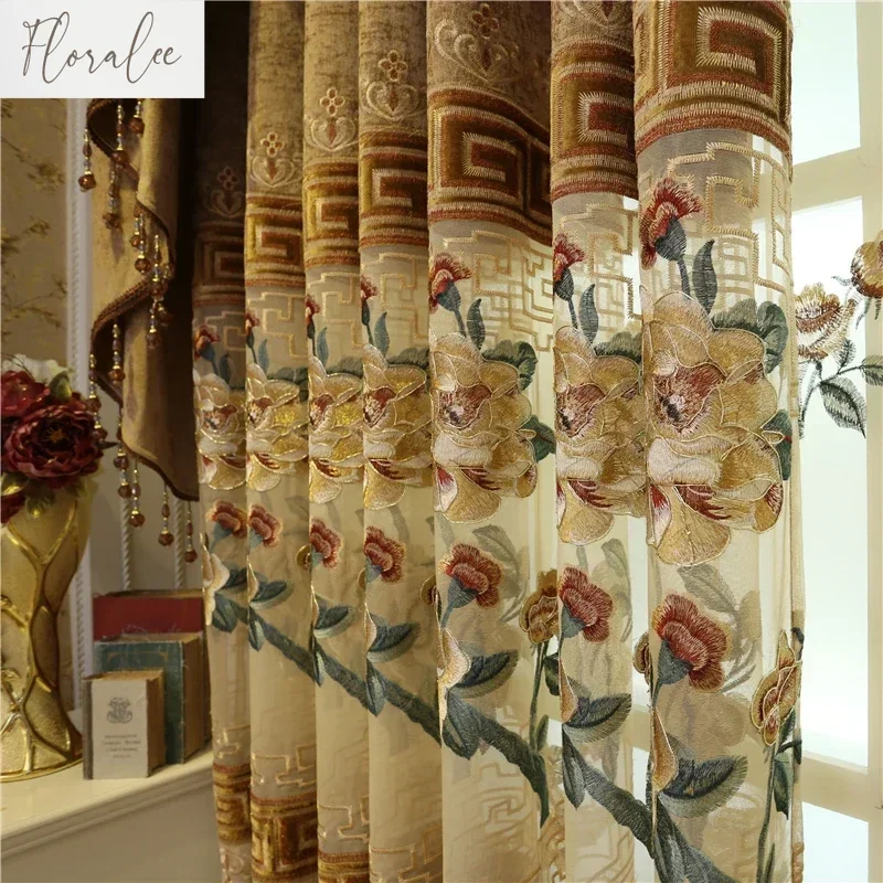 Luxury Brown Embroidered Blackout Curtains with Gold Trim Elegant Villa Window Drapes for Living Room Bedroom Home Decor Custom