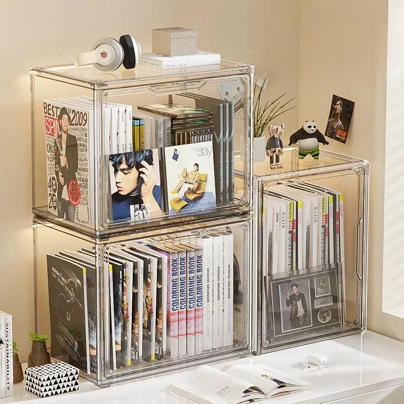 

Transparent storage box organizer, bookshelf album CD desktop dustproof display cabinet, book and magazine storage container