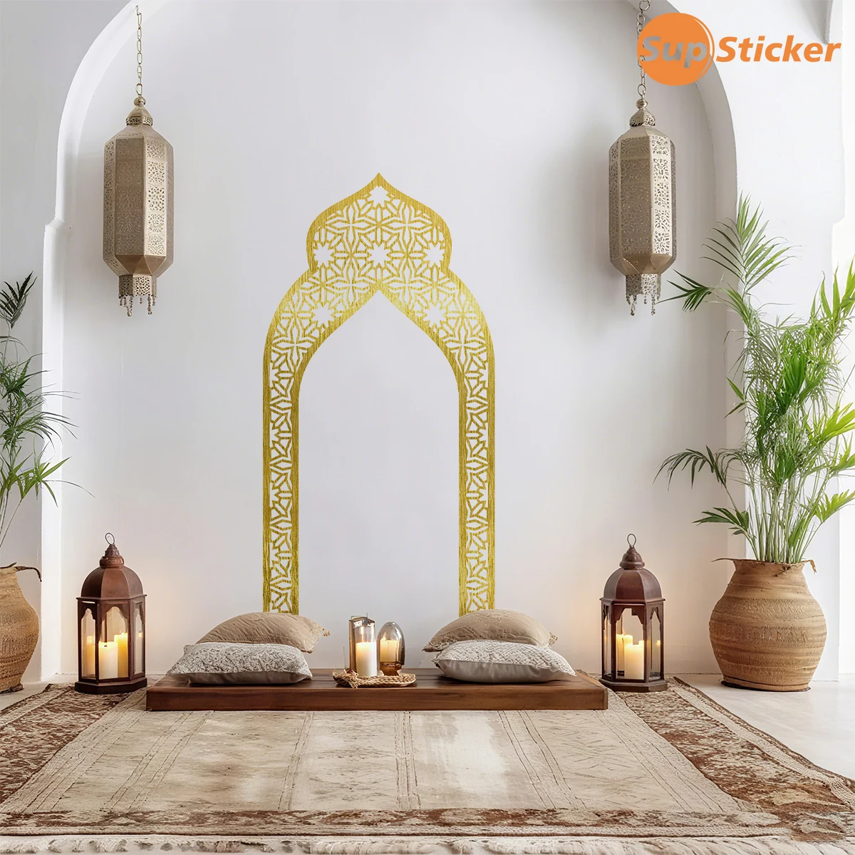 Golden Moroccan Arch Wall Sticker, Islamic Geometric Cutout Door Frame Vinyl Decal for Living Room Bedroom Home Decor view 3
