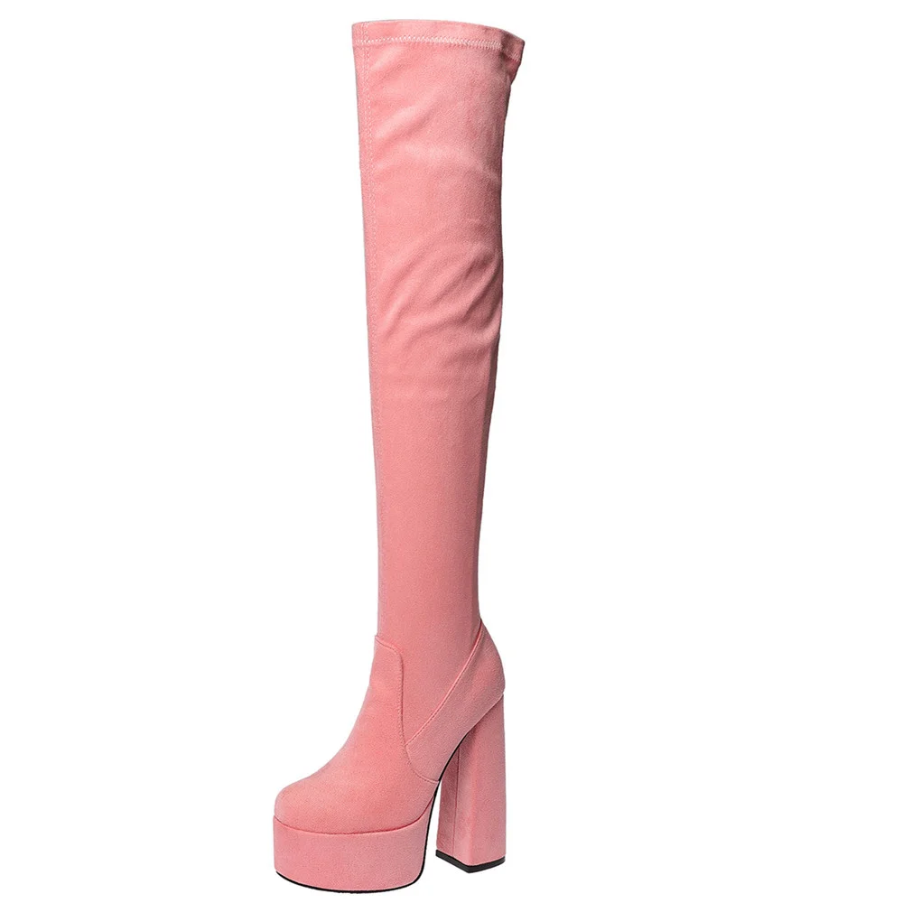 Women's Pink Suede Stretch Over The Knee Boots Round Toe Platform Chunky Block Heel Gothic Ladies Thigh High Party Long Boots