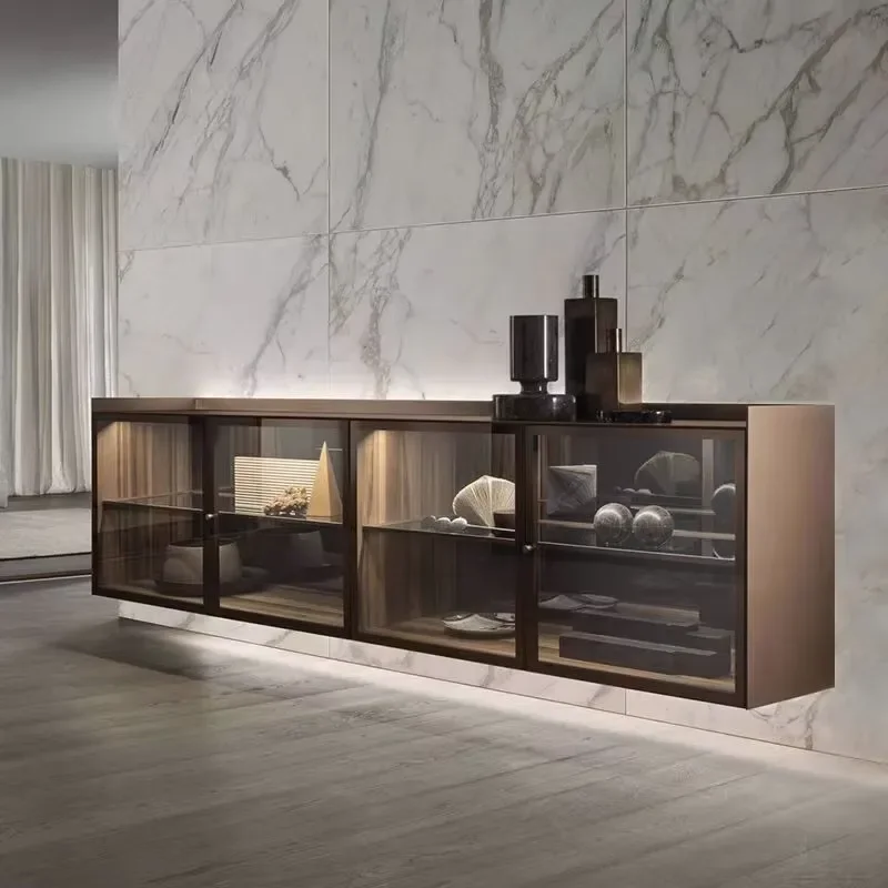 Italian Minimalist TV Cabinet Designer Villa Living Room Solid Wood HD Glass Wall-mounted Sideboard
