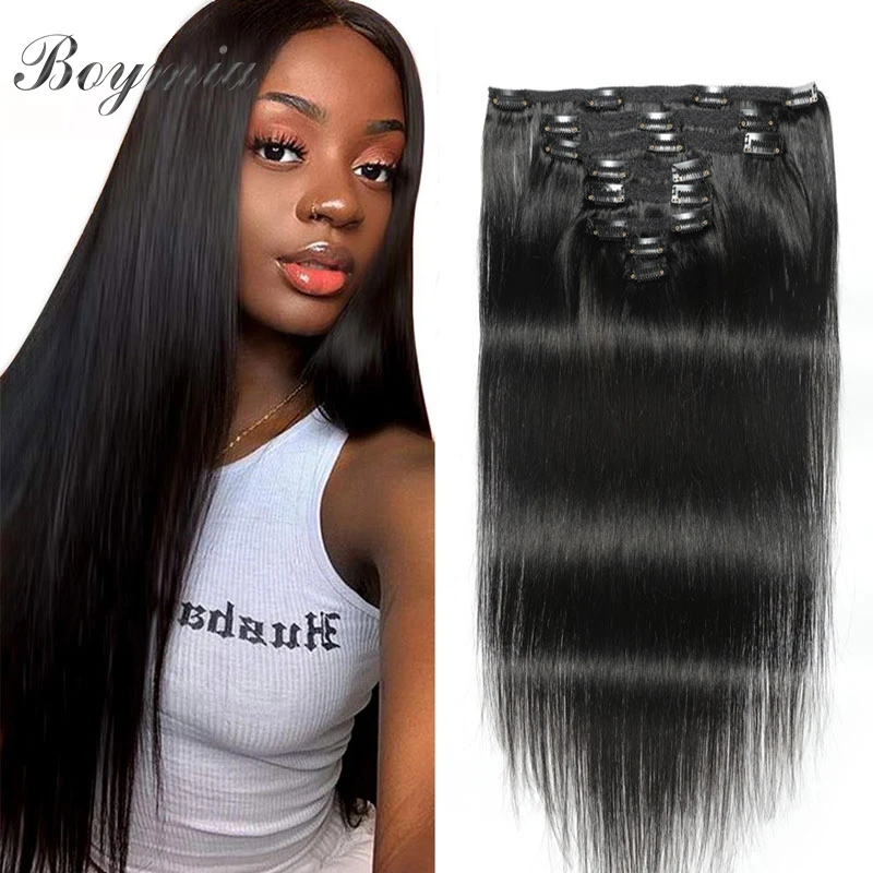 Boymia Straight Hair Clip In Human Hair Extensions Brazilian Remy Natural Color 8pcs/Set Clip in Full Head 120G For Black Women