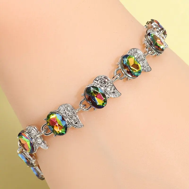 Exquisite Shining Crystal Zircon Wings Gemstone Tennis Bracelet Women Fashion Hip Hop Jewelry Gift with Extension Chain