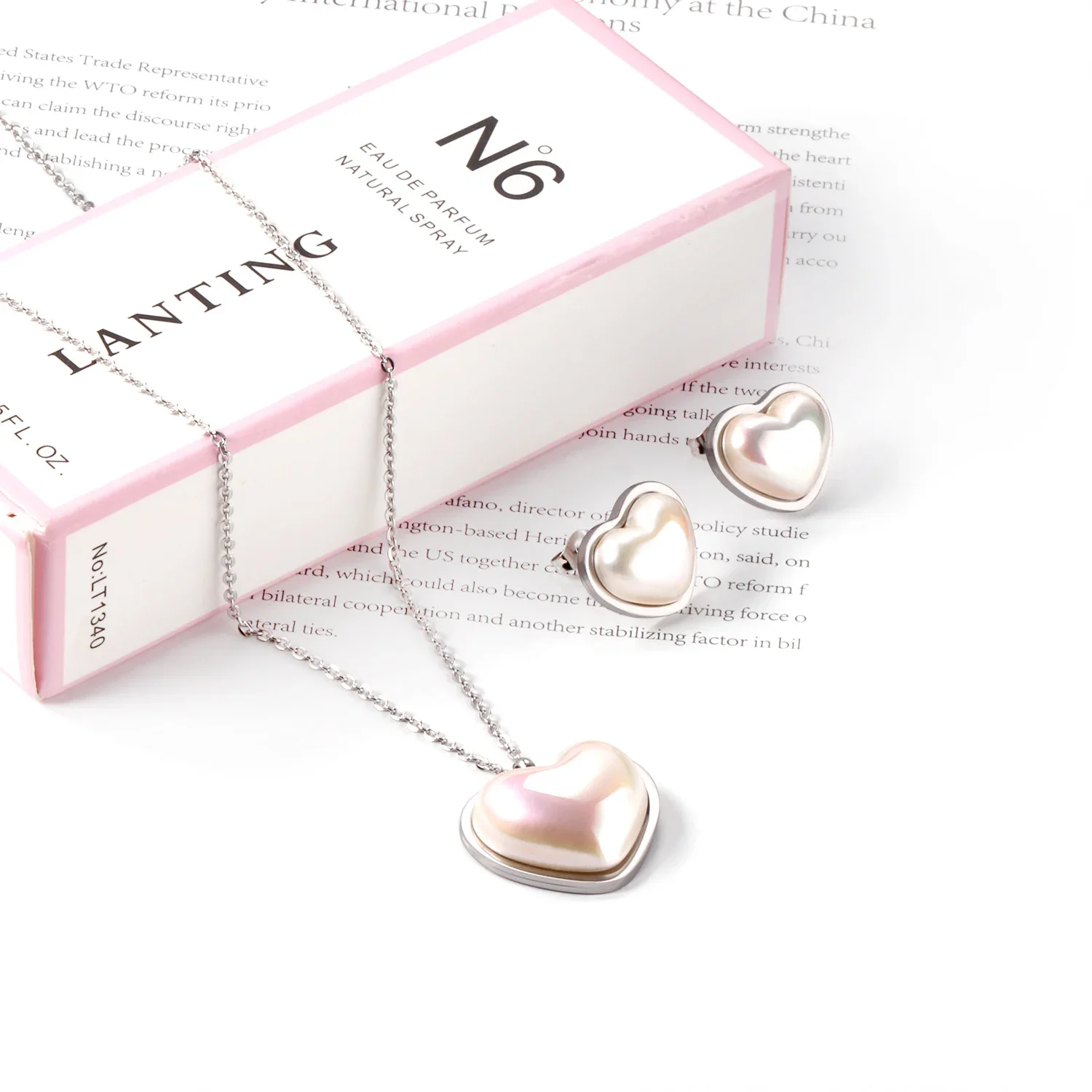 LUXUSTEEL Heart shaped Imitaiton Pearl Pendants Necklace Earring Sets For Women Girl Stainless Steel Chain Necklace Jewelry Gift