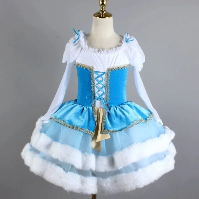 Ballet Tutu Dress for Girls Long Sleeve Velvet Kids Ballerina Costume Blue Princess Dresses Stage Performance Dancewear