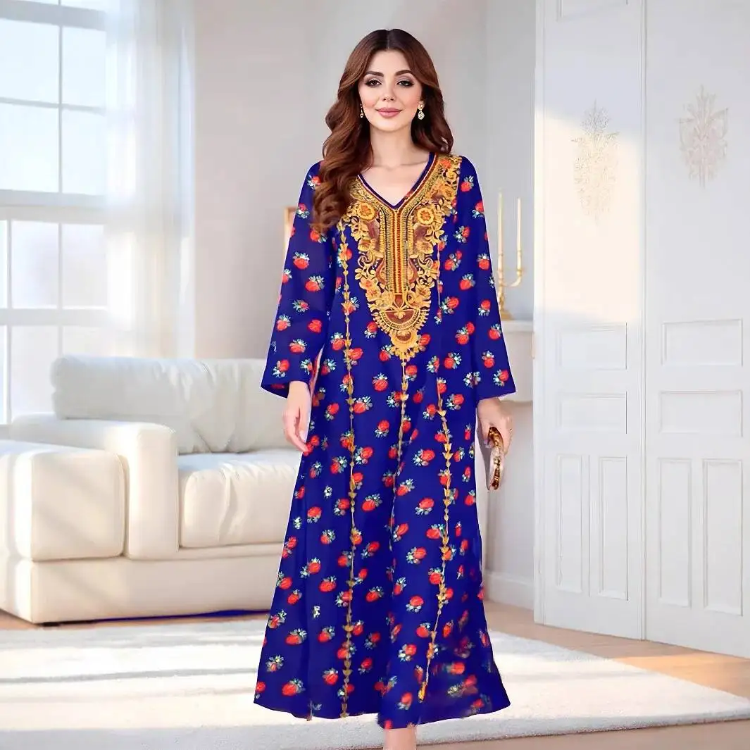 

M317 # Мусульманское платье для женщин: модное длинное платье с V-образным вырезом и принтом, в стиле Саудовской Аравии, Абая, для Рамадана, Дубай, роскошное, исламское, элегантное