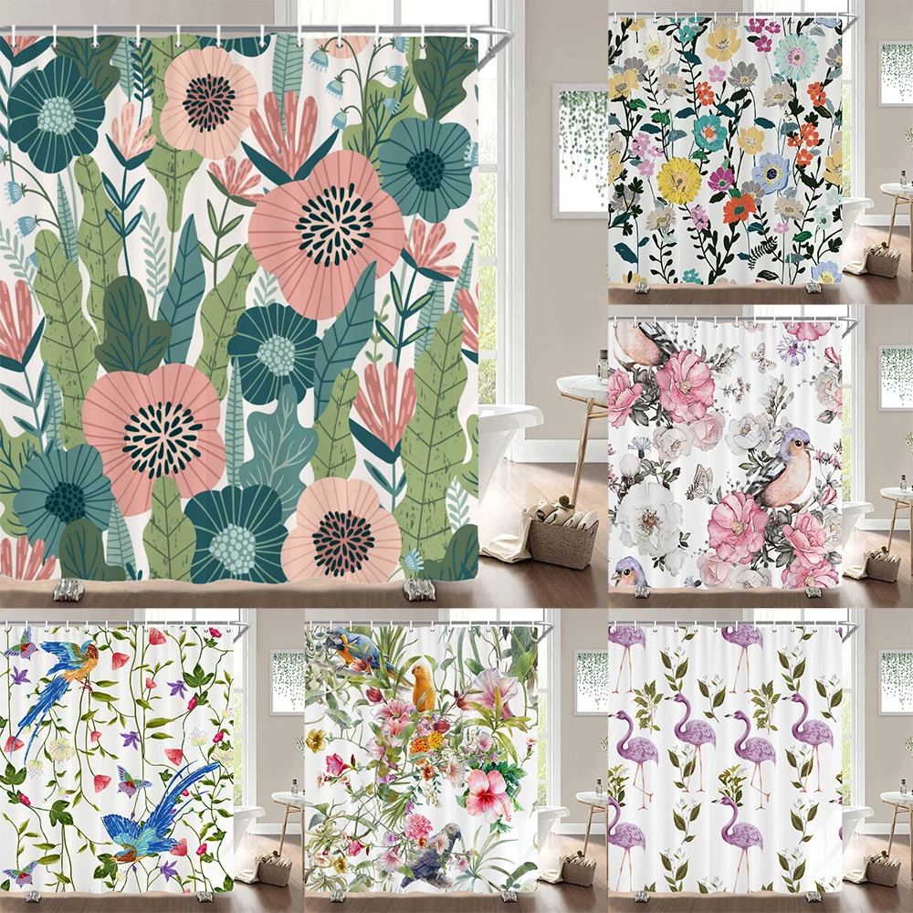 

Waterproof Bathroom Curtain Beautiful 3D Flowers Birds Shower Curtains Polyester Frabic 240x180cm Bathroom Screen with Hooks