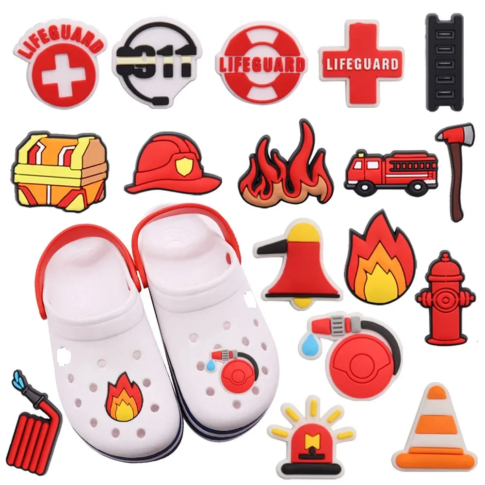 Mix 50pcs PVC Shoe Charms 911 Hotline Axe Firetruck Hose Hat Buckle Clog Fit Wristbands Decorations for Bands Bracelets Kid Gift