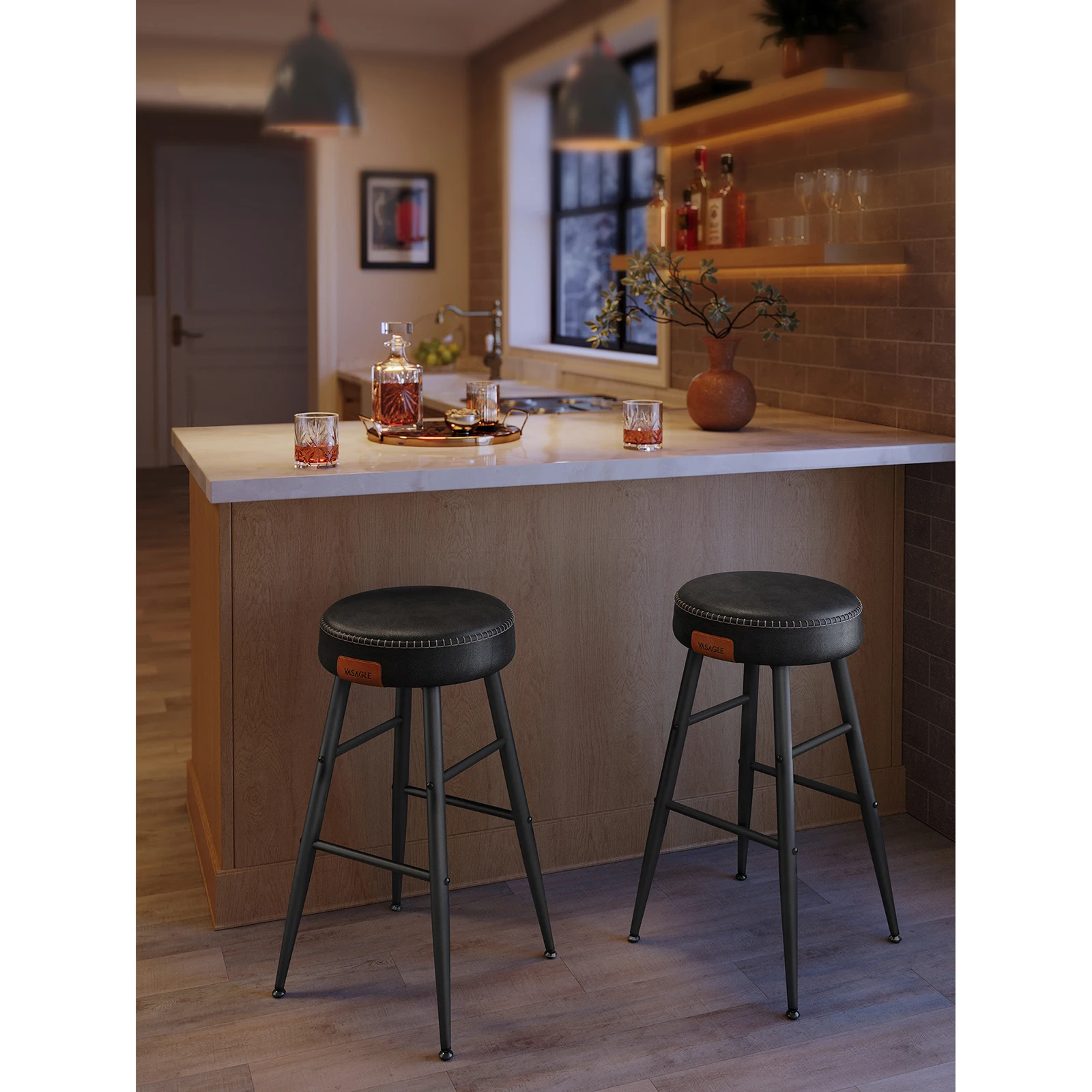 VASAGLE EKHO Collection: Set of 2 Bar Stools. Faux Leather, Modern Mid-Century style. 63 cm High. Dining Chair. Easy Assembly.