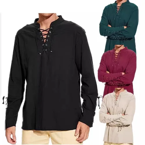 Imagen 1 del producto Camisa forrada de pirata para hombre, deportes casuales Retro al aire libre, Steampunk, gótico, Vikingo, Top forrado, Top de entrenamiento al aire libre Individualidad