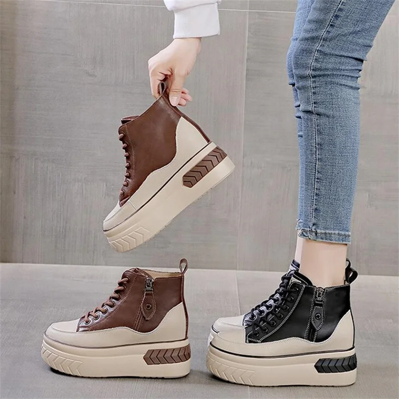 NEW 2022 Chunky Ankle Boots Women Hidden Heels Genuine Leather Platform Boots Autumn Footwear Zip Sneakers Warm Fur Winter Shoes