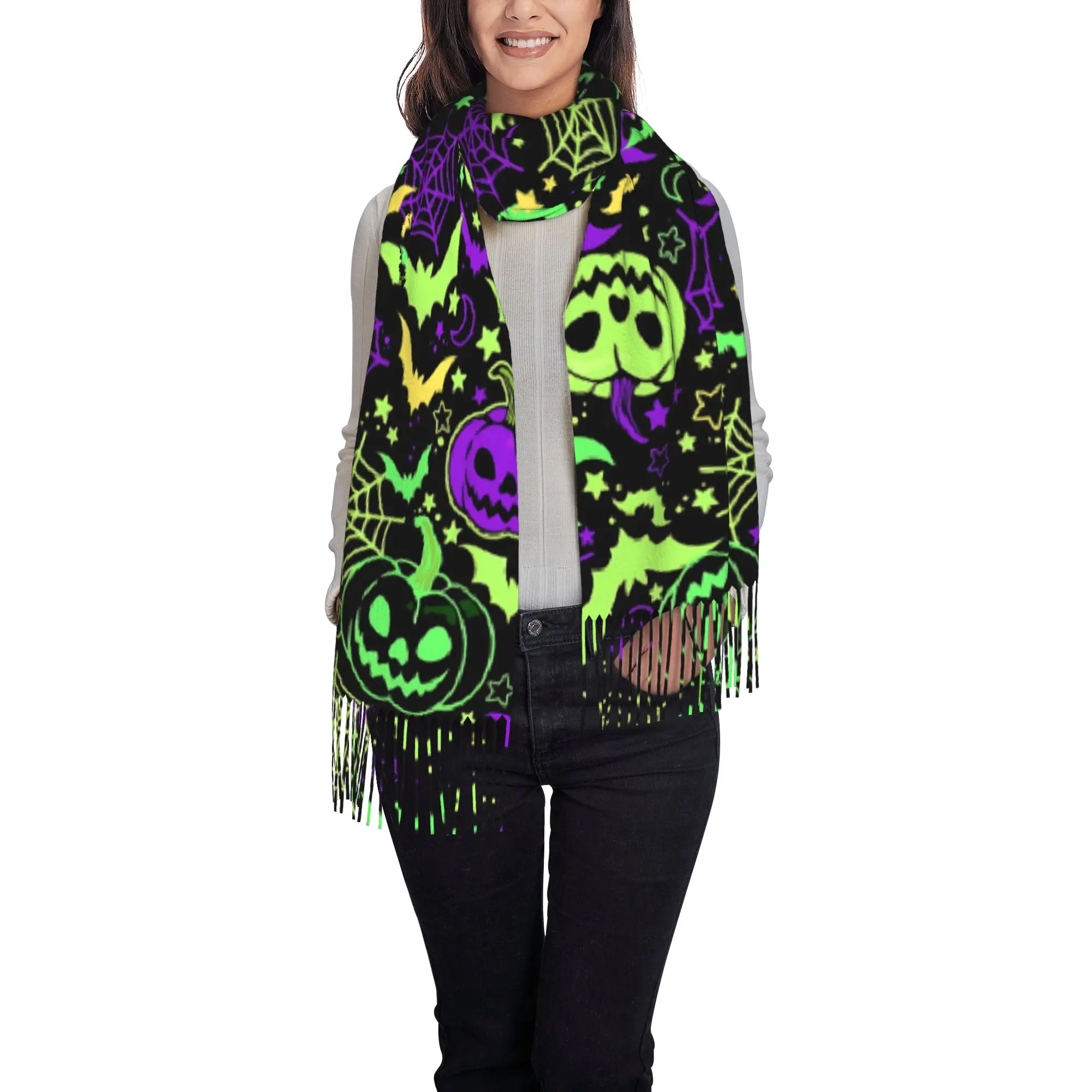 1 PC Halloween Print Pumpkin Spider Pattern Autumn Scarf Women Winter Pashmina Shawls Warm Blanket Wraps  Female Thick Scarves