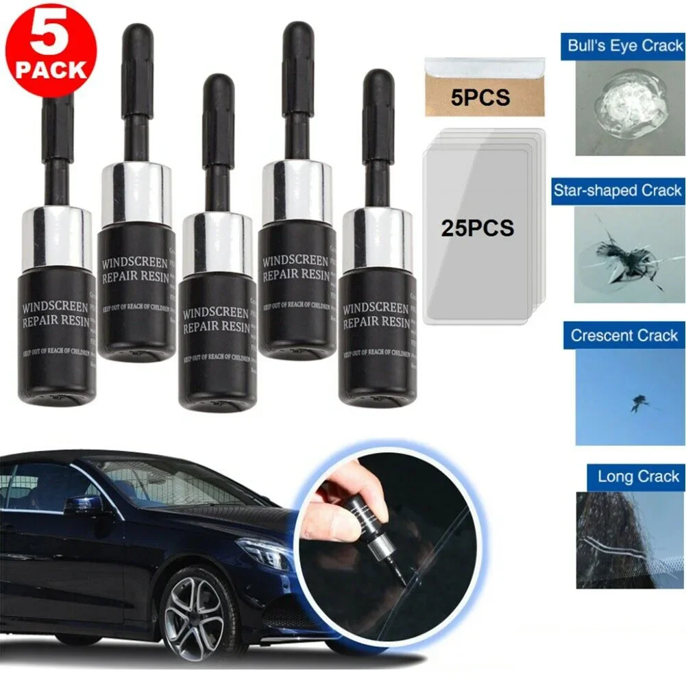 5x Car Glass Nano- Repair Fluid Car Windshield Resin Crack Tools Kit Universal- Car Windscreen Glass Scratch Crack Restore