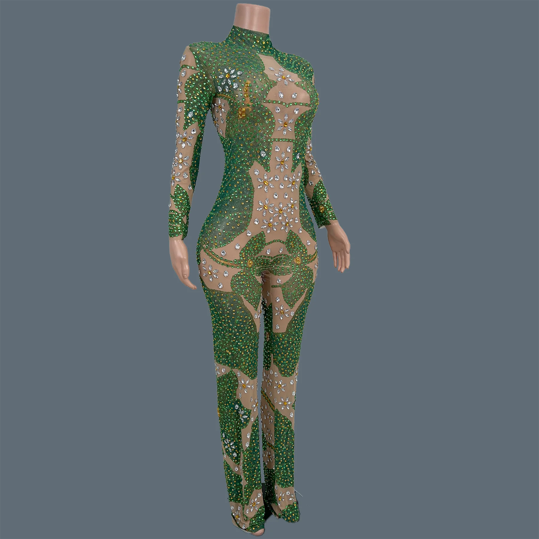 

Green Sparkly Rhinestone Sheer Mesh Jumpsuit Sexy Women Long Sleeve Tight Fitting Stage Performance Outfit Party Catsuit Hehuaye