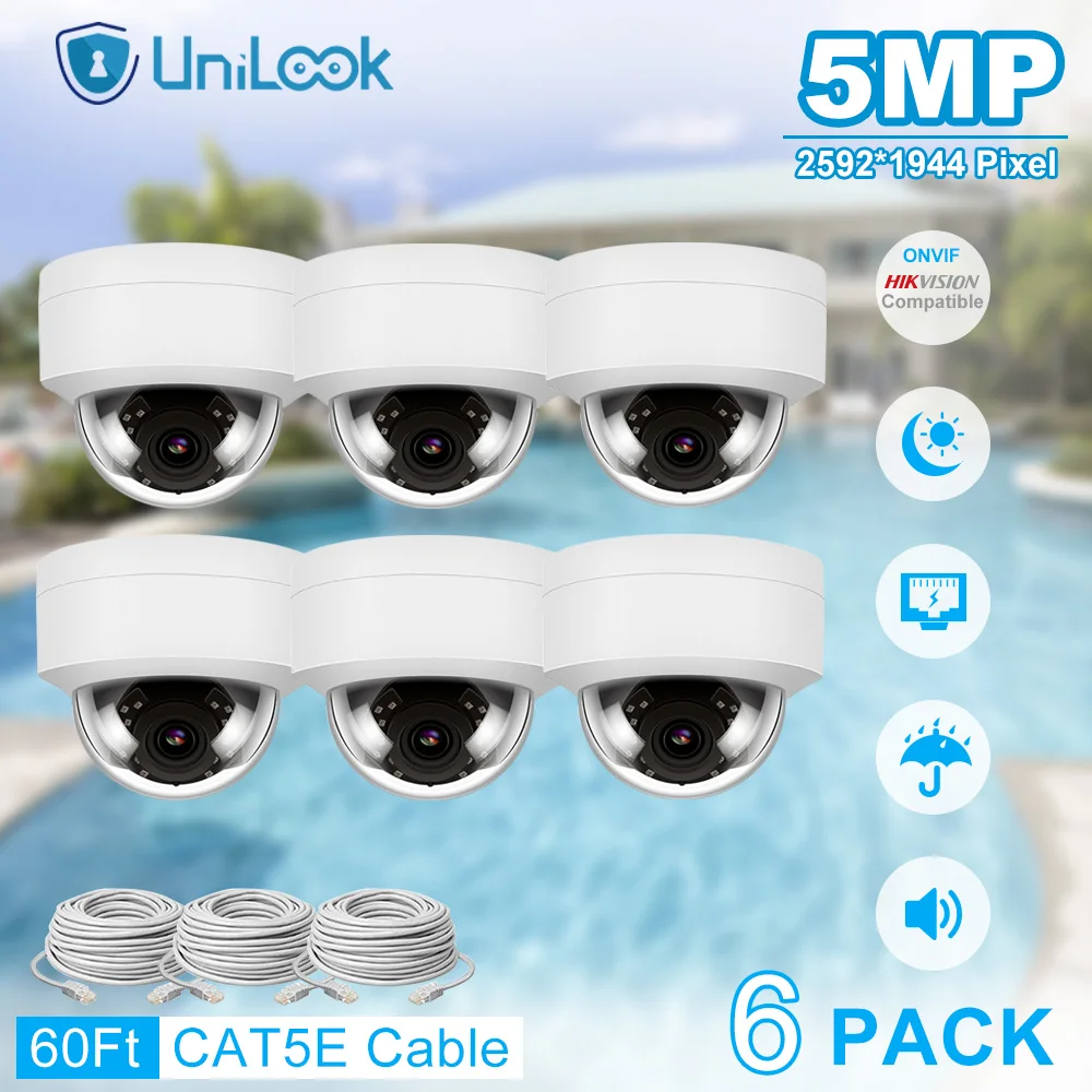 UniLook 5MP HD POE IP Video Camera 6 PCS In Package Outdoor Security Camera Built-in Mic IP66 IR 30m Hikvision Compatible H.265