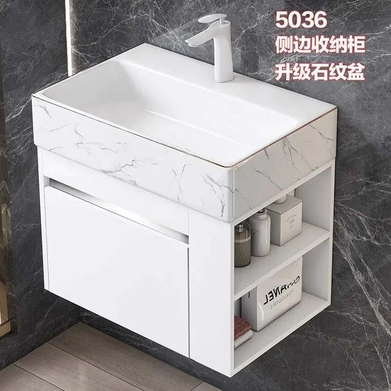 Aluminum Bathroom Vanity with Stone Pattern Sink Side Storage Compact Washbasin Cabinet for Small Apartment