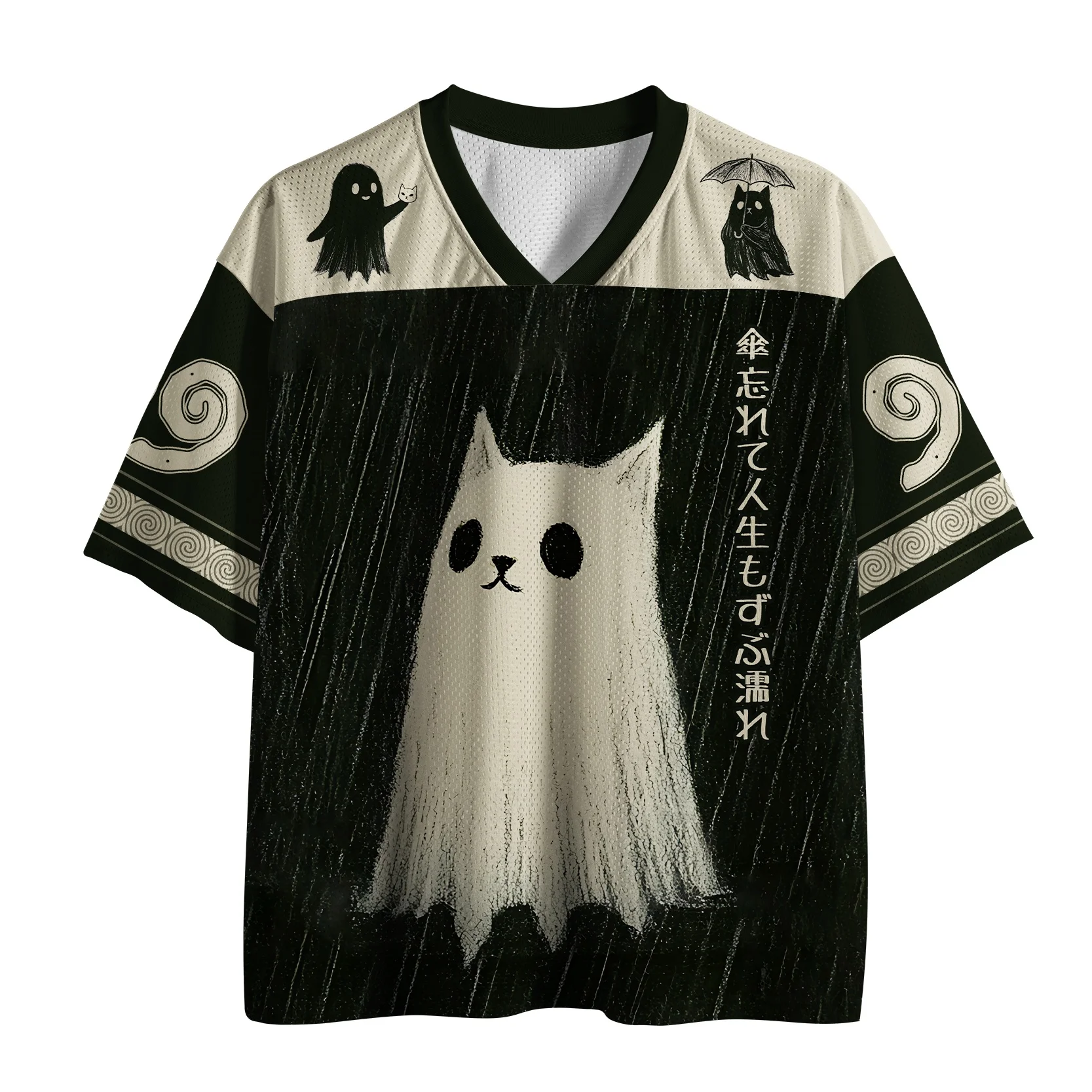 2026 Unisex Cute Meme Animal Mesh Jersey T Shirt, Japanese Cartoon Ghost Cat V Neck Short Sleeve Oversized Festival Streetwear