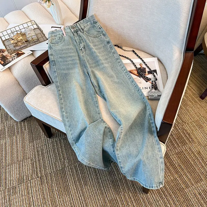 New High Waist Straight Leg Blue Jeans Women Loose Wide Leg Korean Style Autumn High Waist Lift Butt Color Block Floor Length...