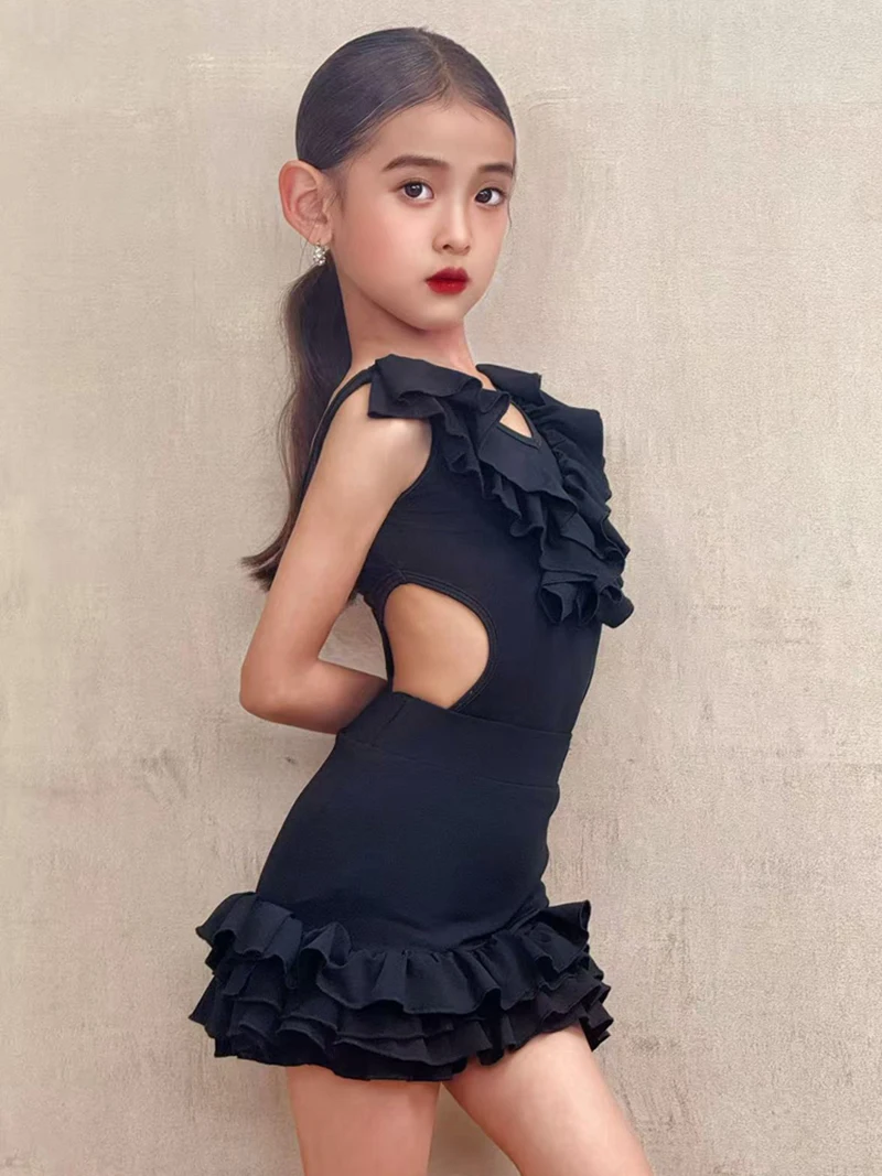 Dziecięce dziewczęce stroje do tańca latynoskiego bez rękawów, z falbankami, drążone fałdy, sukienka do tańca Samba Rumba praktyka konkursowy kostium taneczny